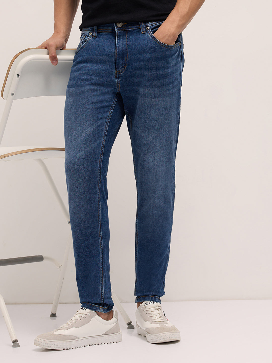 Mid Blue Mid-Rise Skinny Fit Jeans with Light Fade