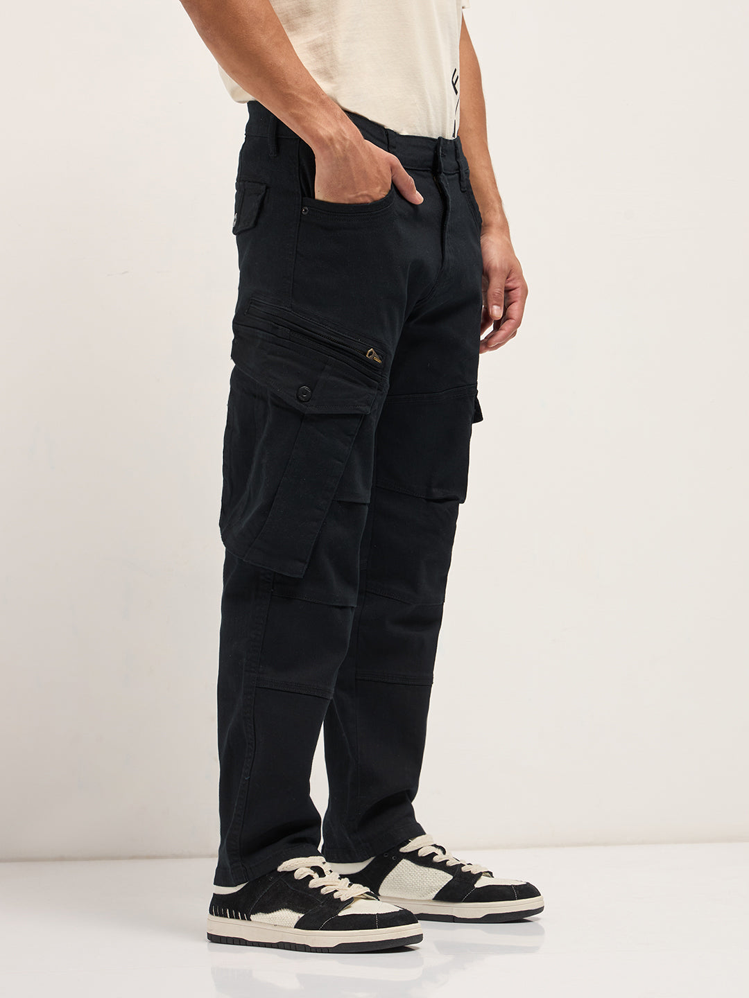 Black Solid Straight Fit Cargo Denim with Utility Pockets