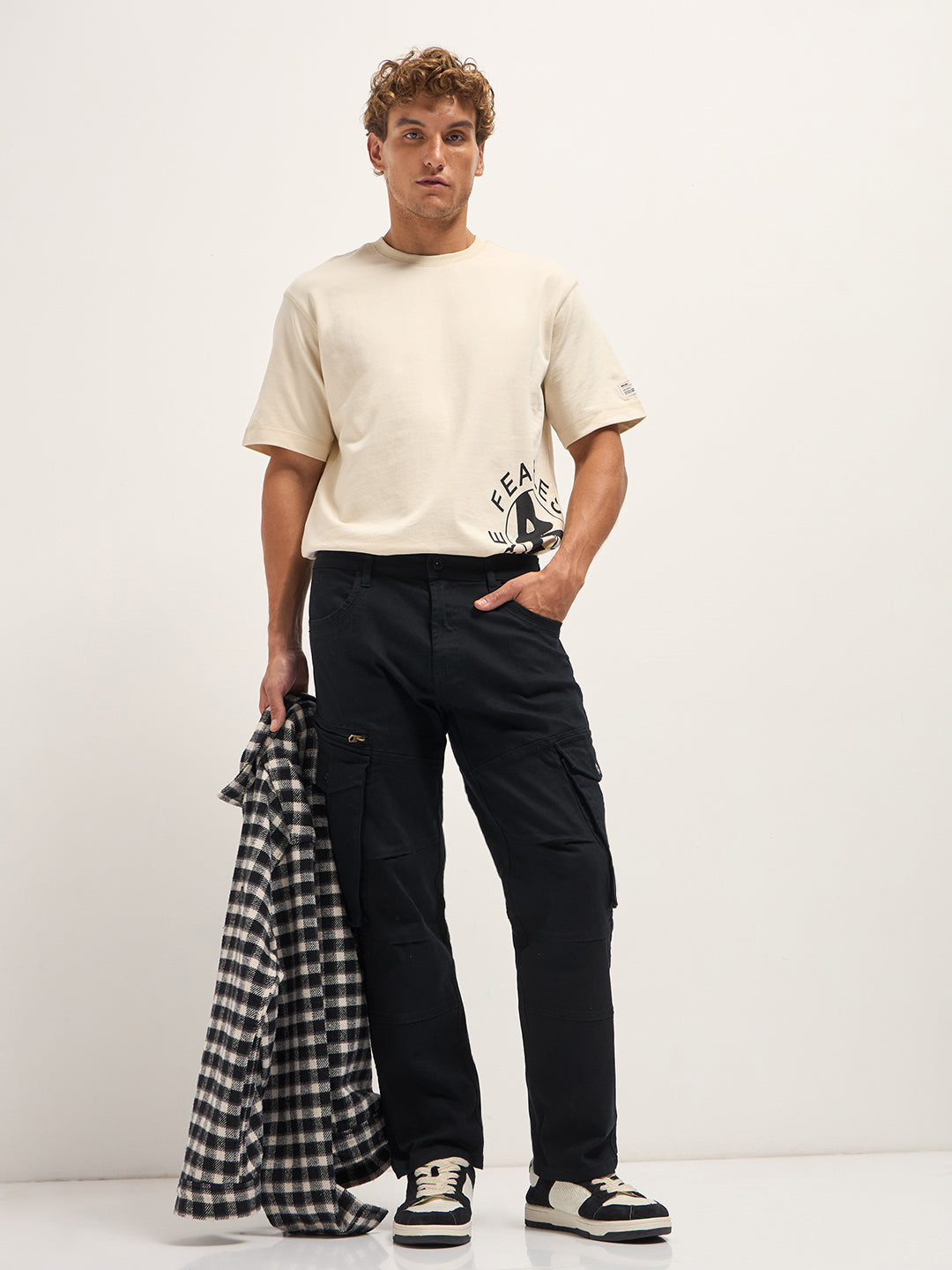 Black Solid Straight Fit Cargo Denim with Utility Pockets