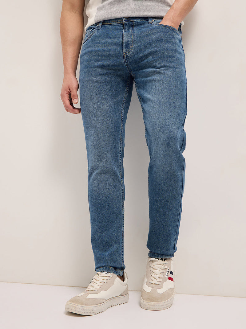 Mid Blue Mid-Rise Slim Fit Jeans with Light Fade