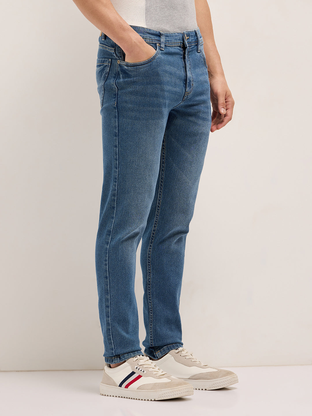 Mid Blue Mid-Rise Slim Fit Jeans with Light Fade