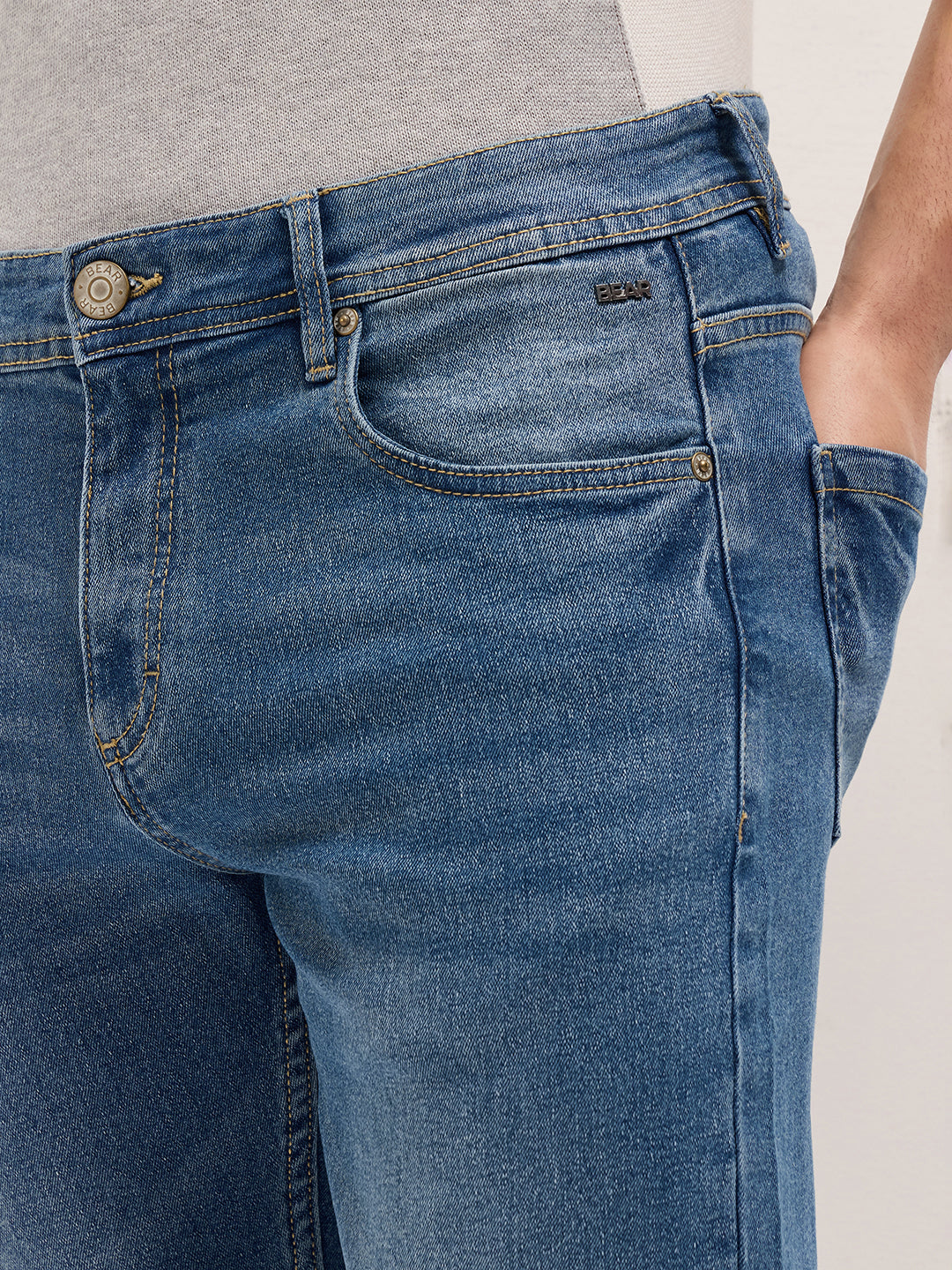 Mid Blue Mid-Rise Slim Fit Jeans with Light Fade