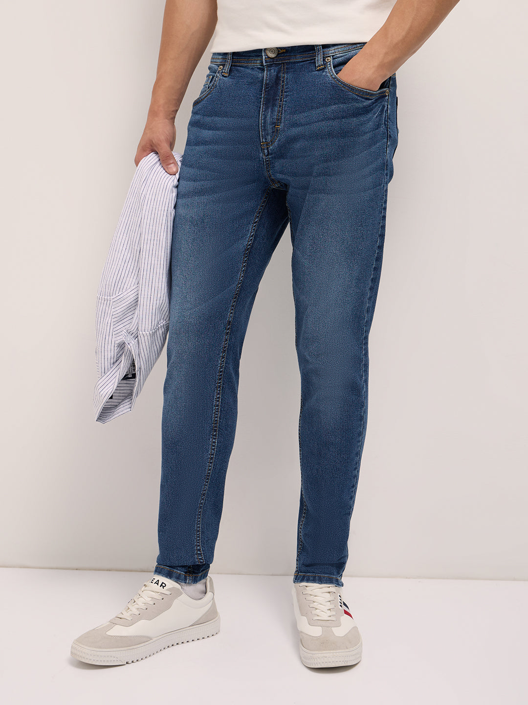 Mid Blue Mid-Rise Skinny Fit Jeans with Light Fade