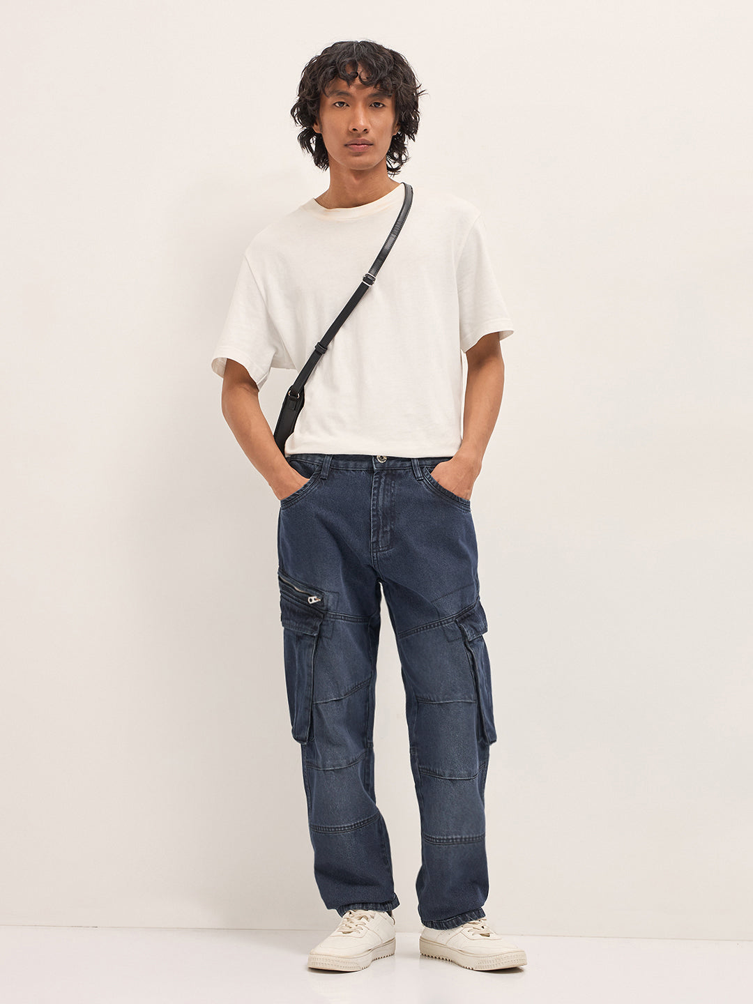 Mid Blue Faded Straight Fit Cargo Denim with Utility Pockets