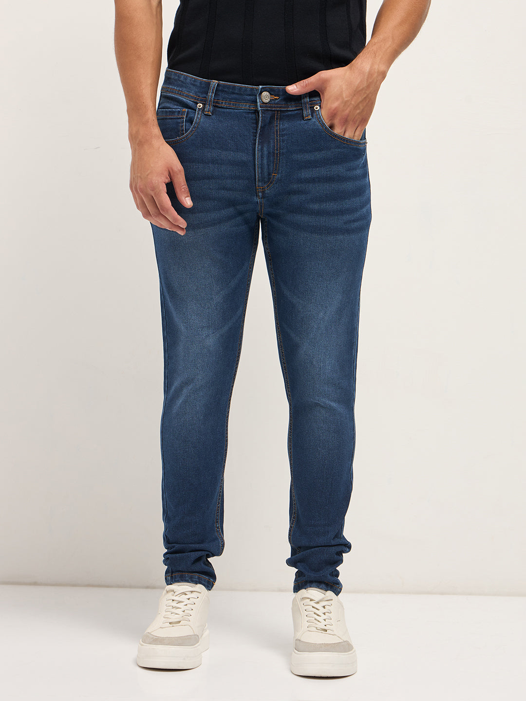 Dark Blue Mid-Rise Skinny Fit Jeans with Mid Fade