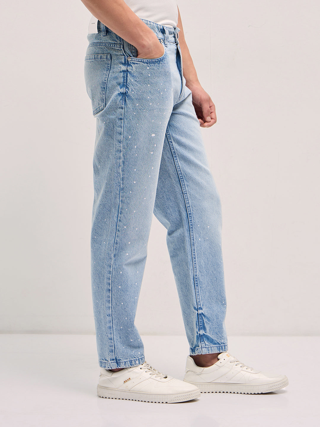 Light Blue Straight Fit Mid Rise Jean with Splatter Paint Effect
