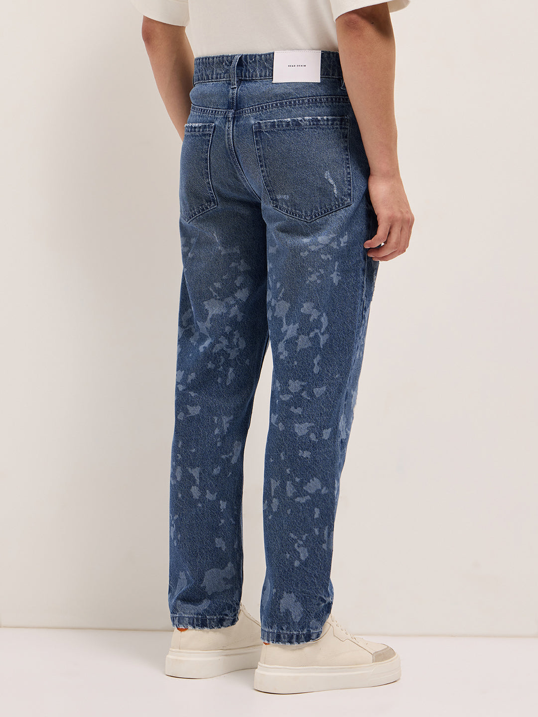 Blue Straight Fit Jeans with Distressed & Bleached Effect