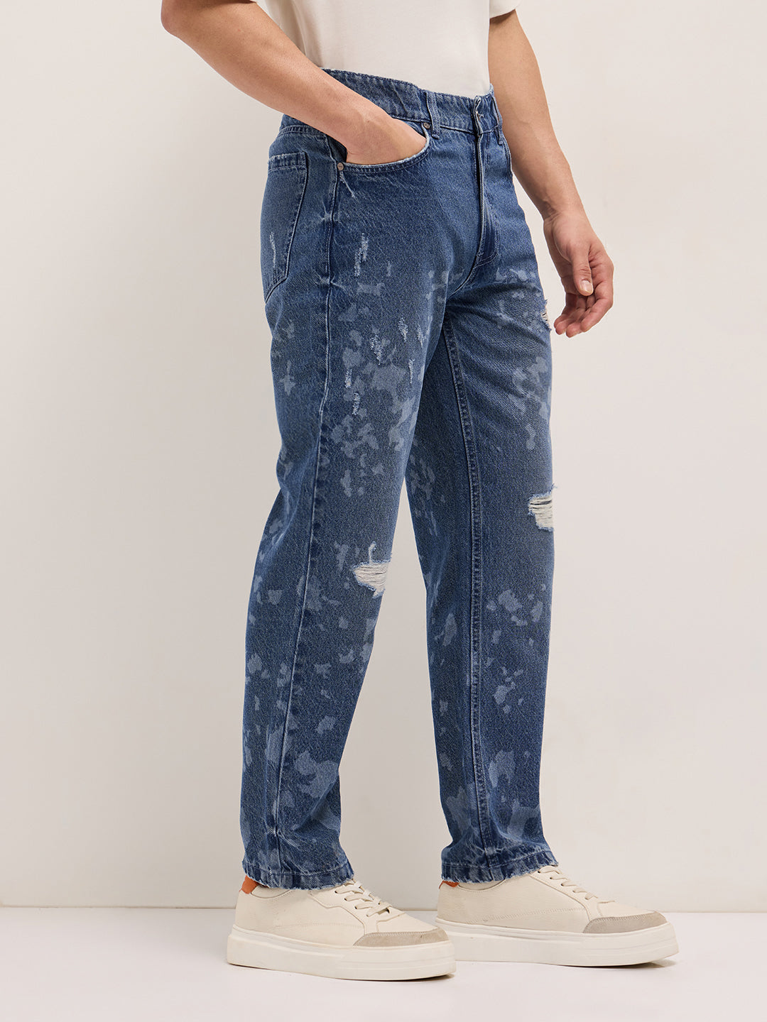 Blue Straight Fit Jeans with Distressed & Bleached Effect