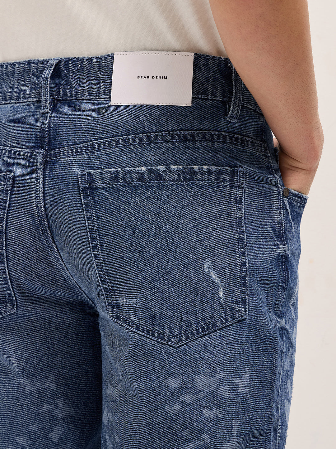 Blue Straight Fit Jeans with Distressed & Bleached Effect