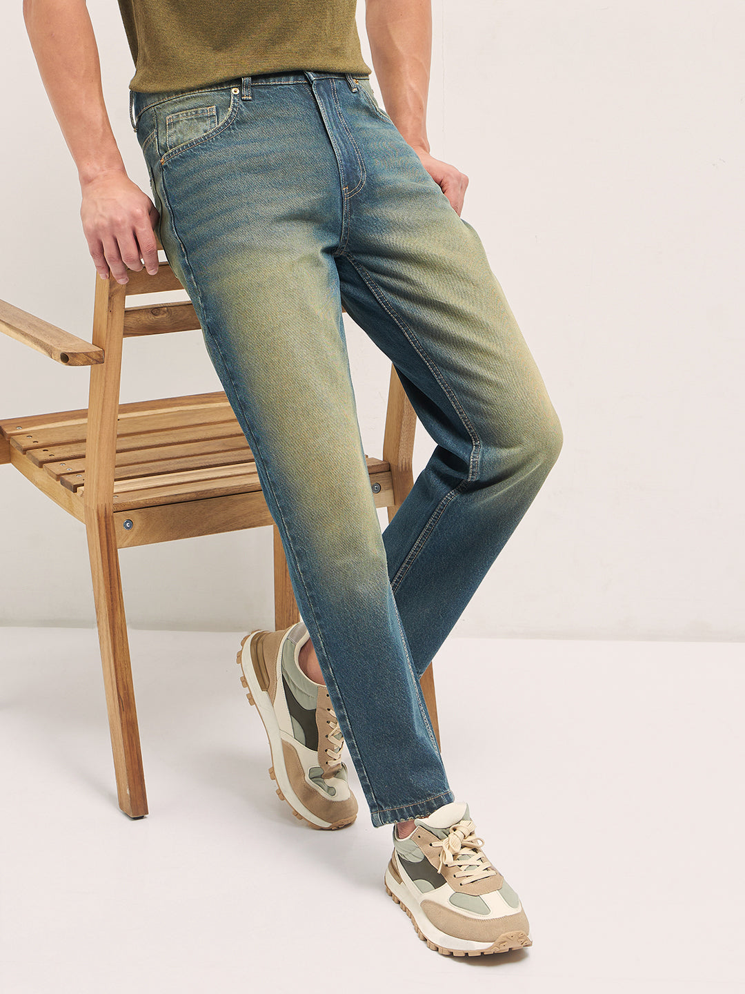Mid Blue Mid-Rise Straight Fit Jeans with Heavy Washed Effect
