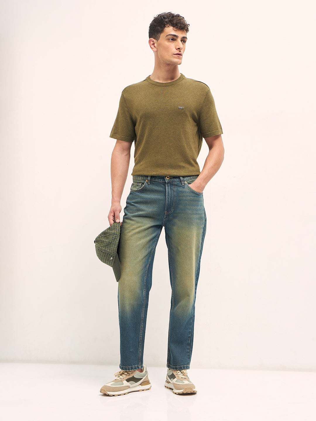 Mid Blue Mid-Rise Straight Fit Jeans with Heavy Washed Effect