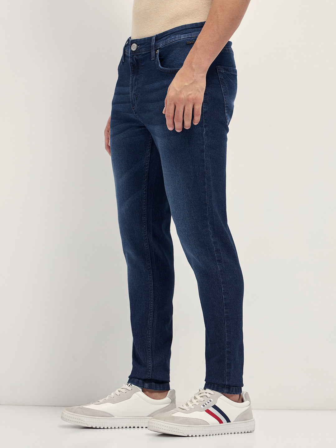 Dark Blue Mid-Rise Slim Fit Jeans with Light Fade