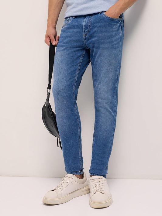 Mid Blue Mid-Rise Skinny Fit Jeans with Light Fade