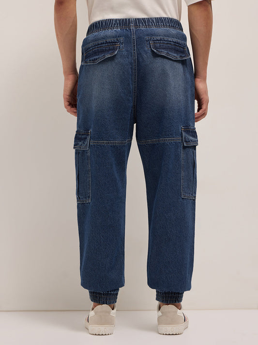 Mid Blue Baggy Fit Jogger-Style jean with Cargo Pockets