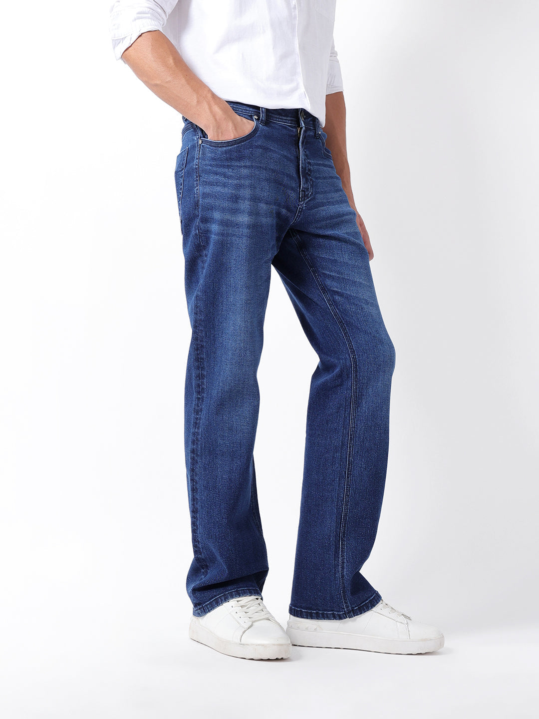 Mid Blue Mid-Rise Bootcut Jeans with Mid Fade