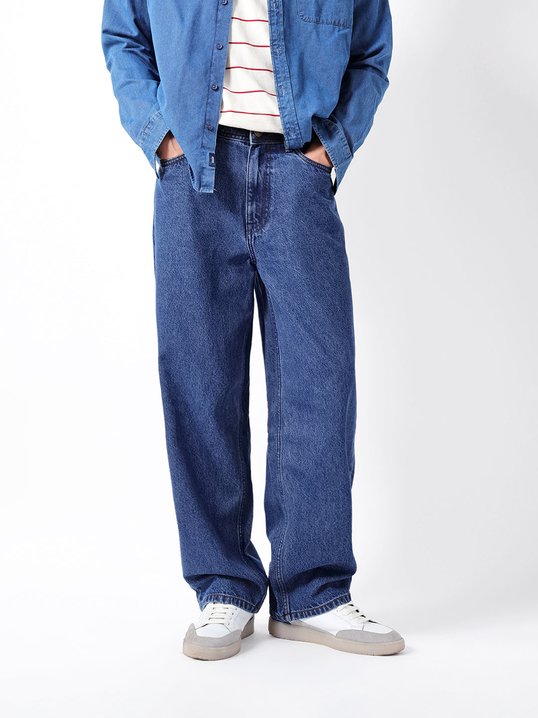 Mid Blue Mid-Rise Baggy Fit Jeans with Light Fade