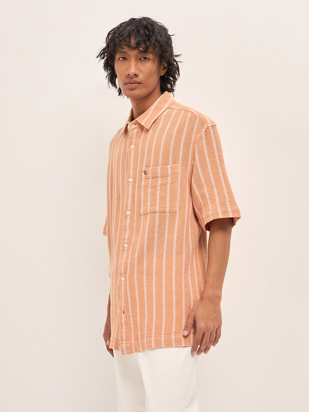 Peach Vertical Textured Woven Stripe Relaxed Fit Casual Shirt