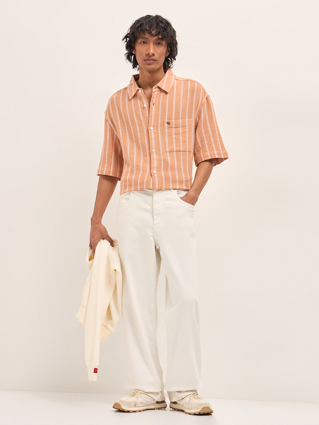 Peach Vertical Textured Woven Stripe Relaxed Fit Casual Shirt