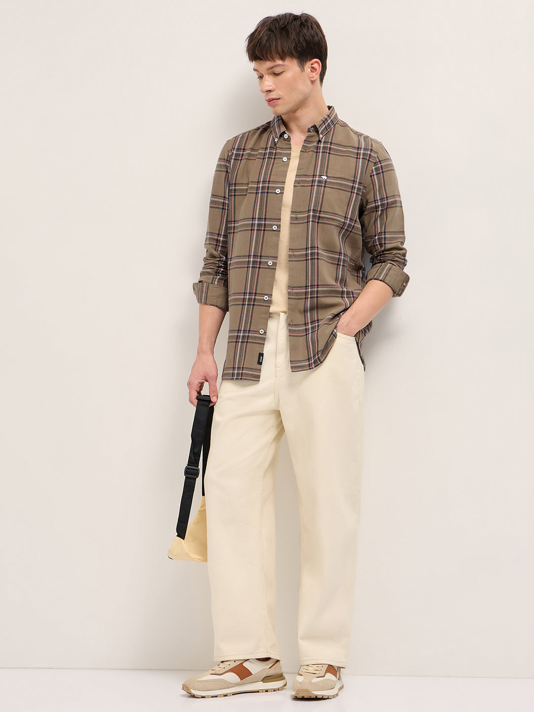 Brown Woven Checked Slim Fit Casual Shirt