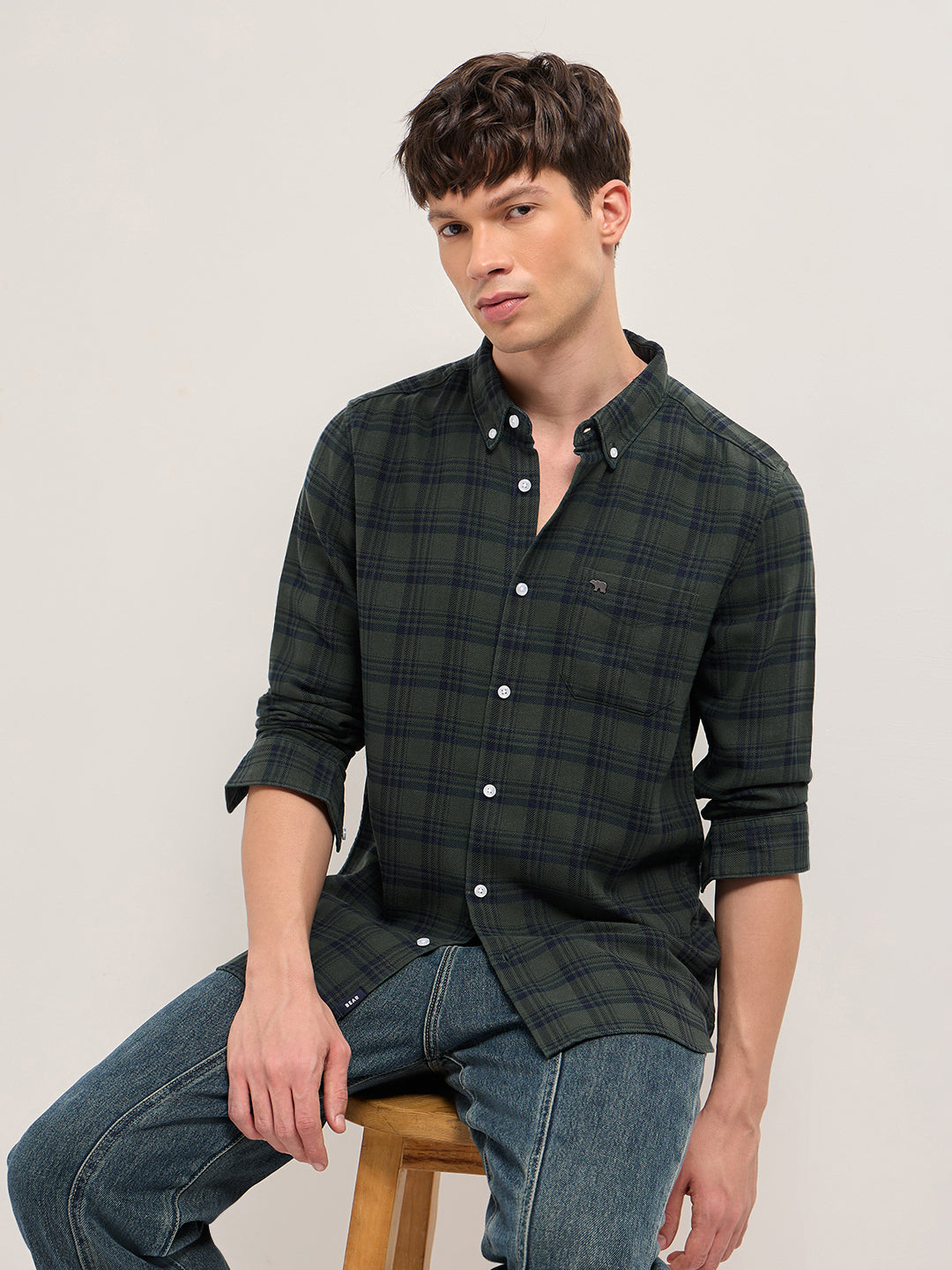 Olive Woven Check Slim Fit Casual Shirt