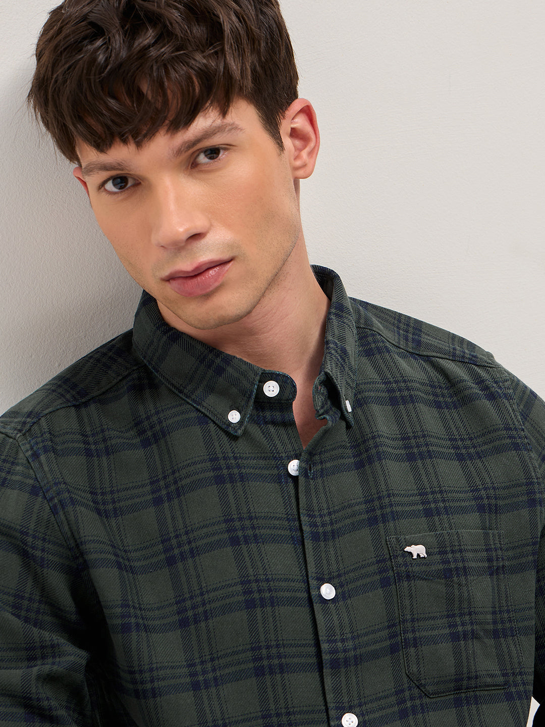 Olive Woven Check Slim Fit Casual Shirt