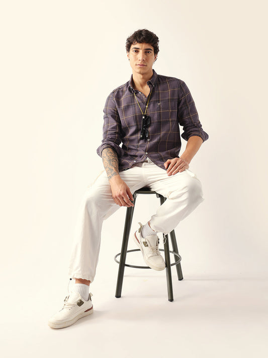 Grey Woven Checked Slim Fit Casual Shirt