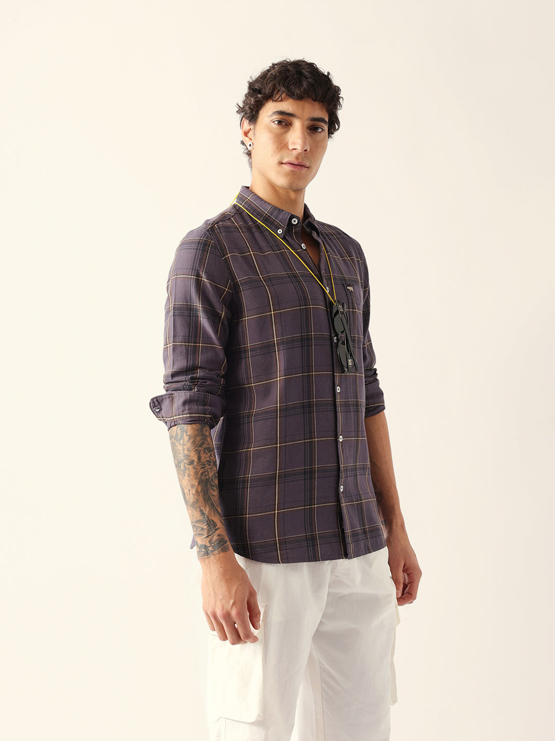 Grey Woven Checked Slim Fit Casual Shirt