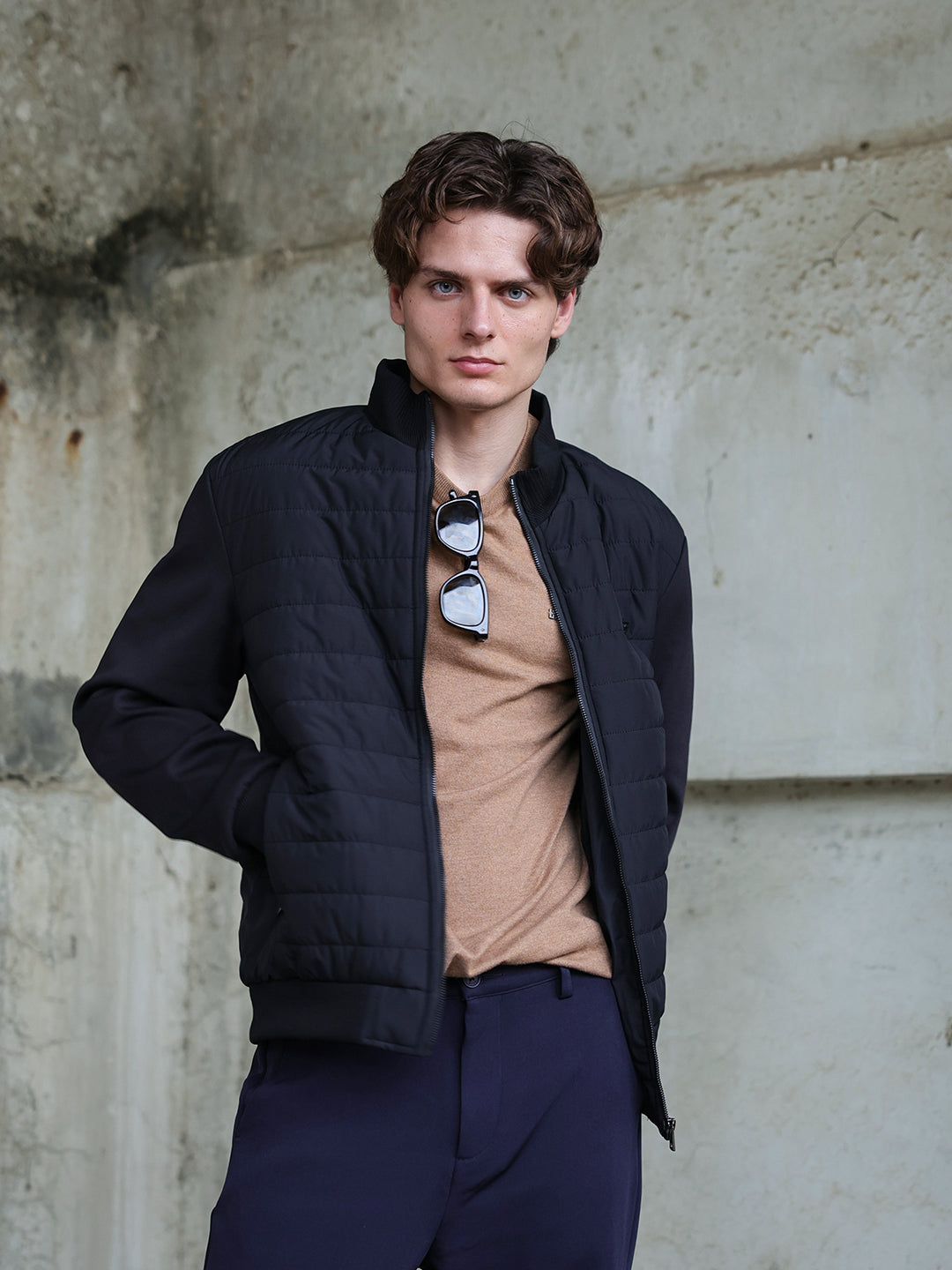 Navy Regular Fit Puffer Jacket with Ribbed High Neck and Concealed Zipper Pockets