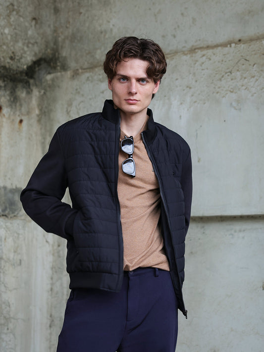 Navy Regular Fit Puffer Jacket with Ribbed High Neck and Concealed Zipper Pockets