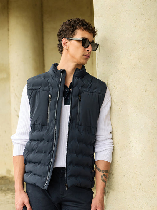 Navy Solid Regular Fit Gilet Puffer Jacket with Utility Zipper Pockets