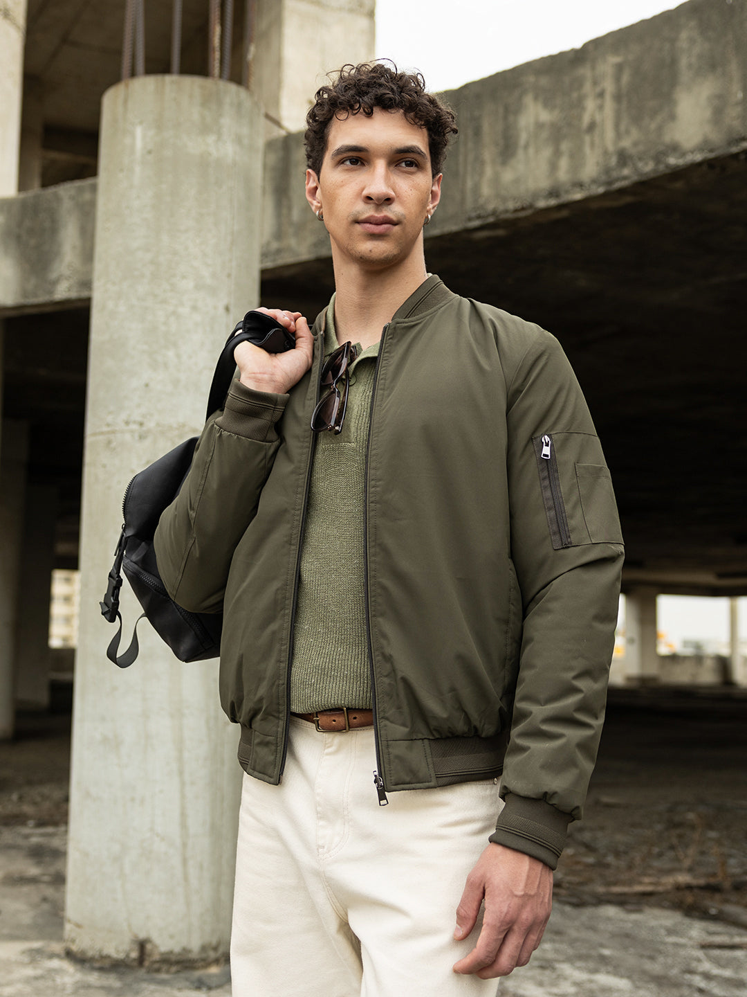 Olive Reversible Bomber/Quilted Jacket with Mock Neck and Utility Sleeve Pocket