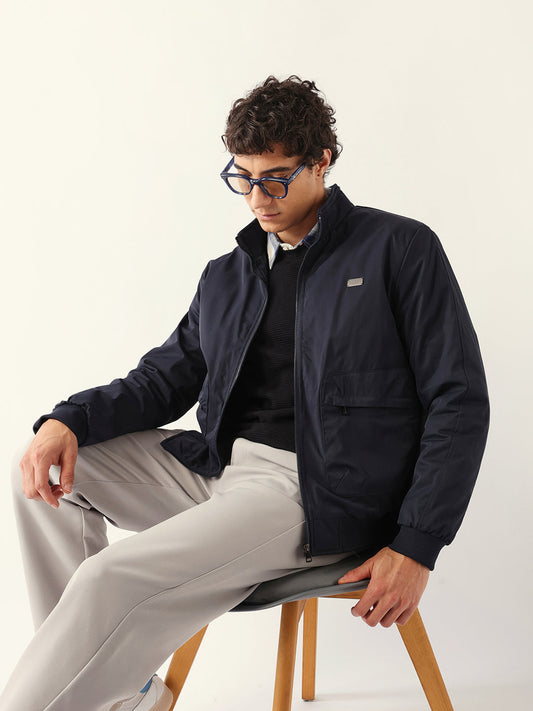Navy Relax Fit Bomber Jacket with High-Neck Design and Cut-and-Sew Sleeves