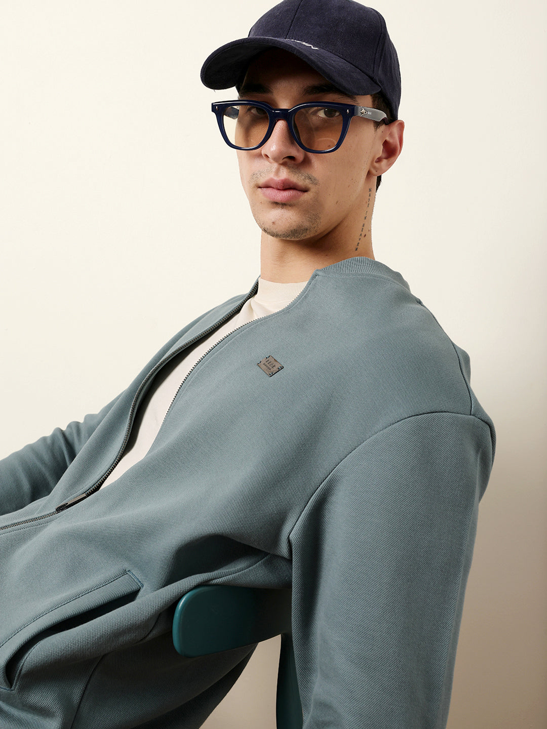 Light Teal Relax Fit Mock Neck Jacket with Zipper Closure – Classic Solid Design