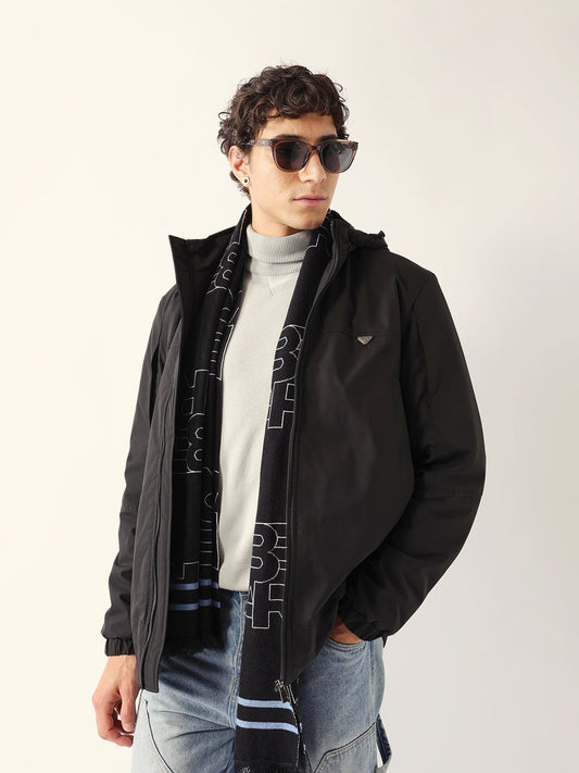 Black Regular-Fit Utility Jacket with Detachable Hood, Water-Repellent Finish & Hidden Pockets