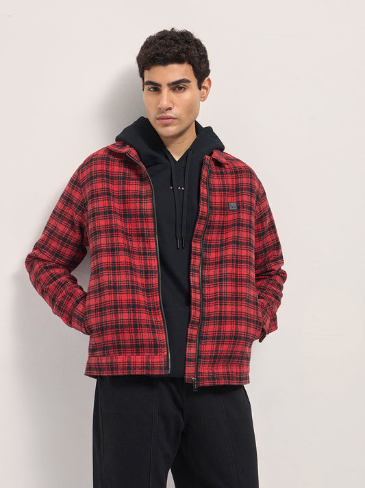 Red & Black Regular Fit Flannel Check Jacket with a Classic Collar