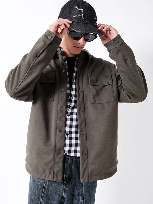 Brown Reversible Jacket with Regular Collar, Snap-Button Closure & Chest Flap Pockets