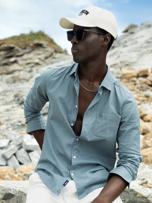 Teal Blue Cotton Linen Slim Fit Solid Casual Shirt