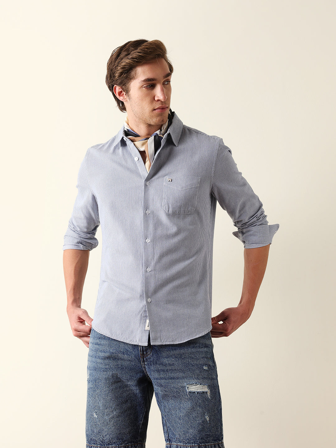 Blue & White Vertical Woven Pinstriped Slim Fit Casual Shirt