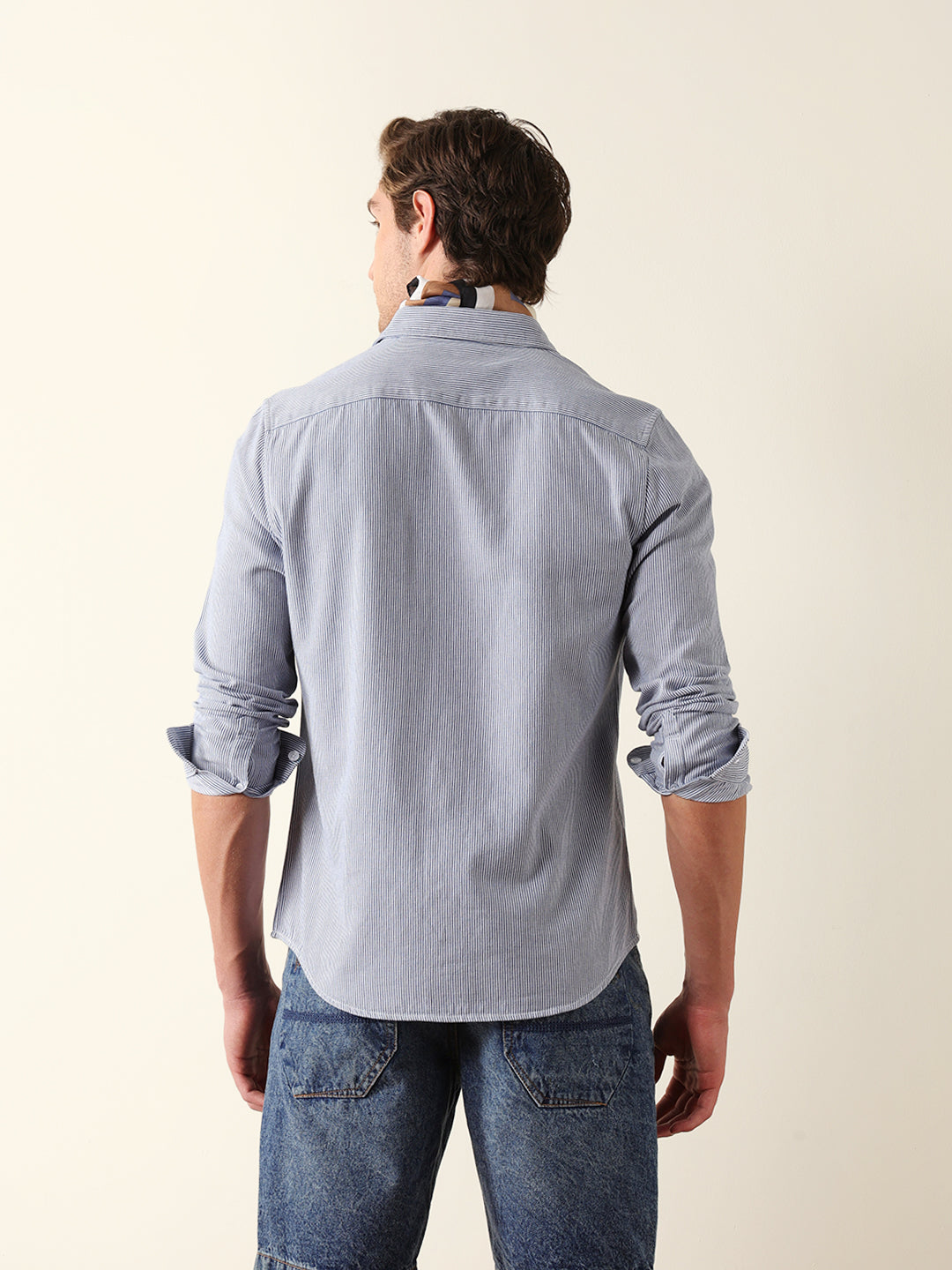 Blue & White Vertical Woven Pinstriped Slim Fit Casual Shirt