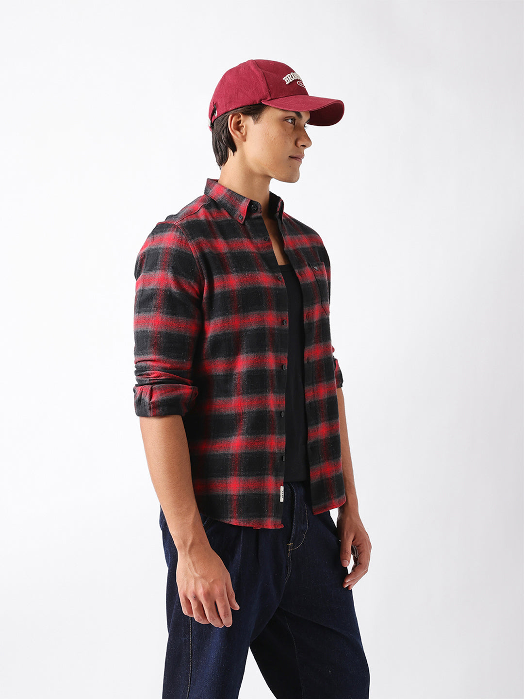 Red & Black Woven Check Flannel Slim Fit Casual Shirt