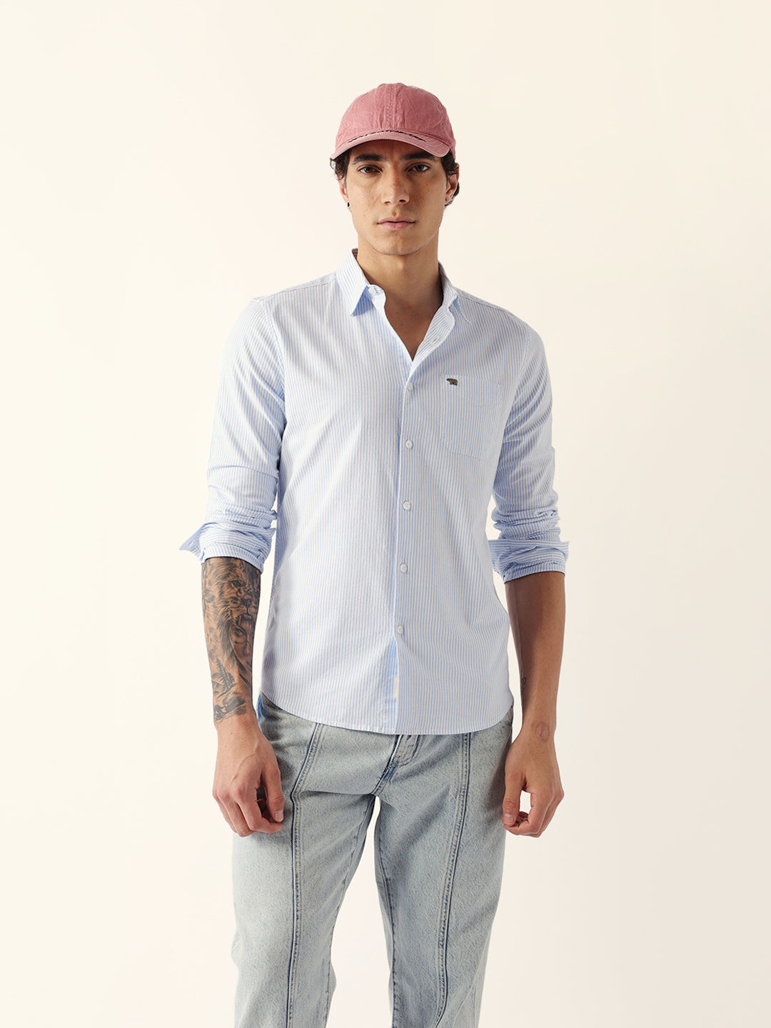 Blue Slim Fit Casual Shirt with White Vertical Stripes
