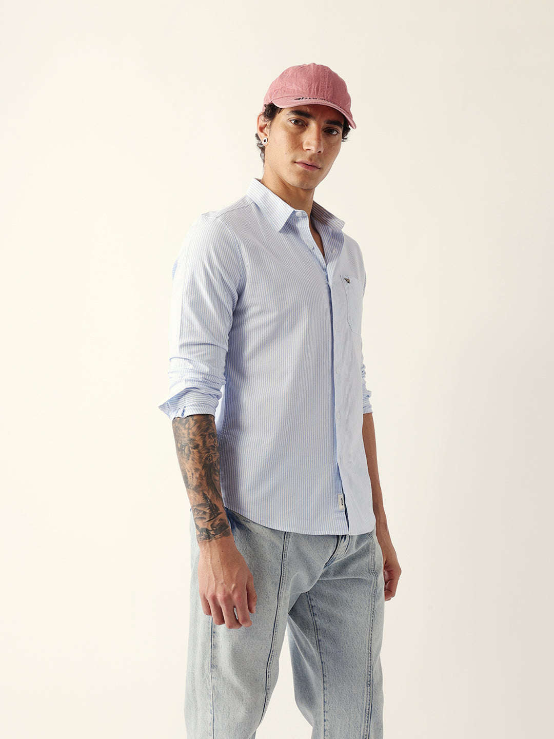 Blue Slim Fit Casual Shirt with White Vertical Stripes