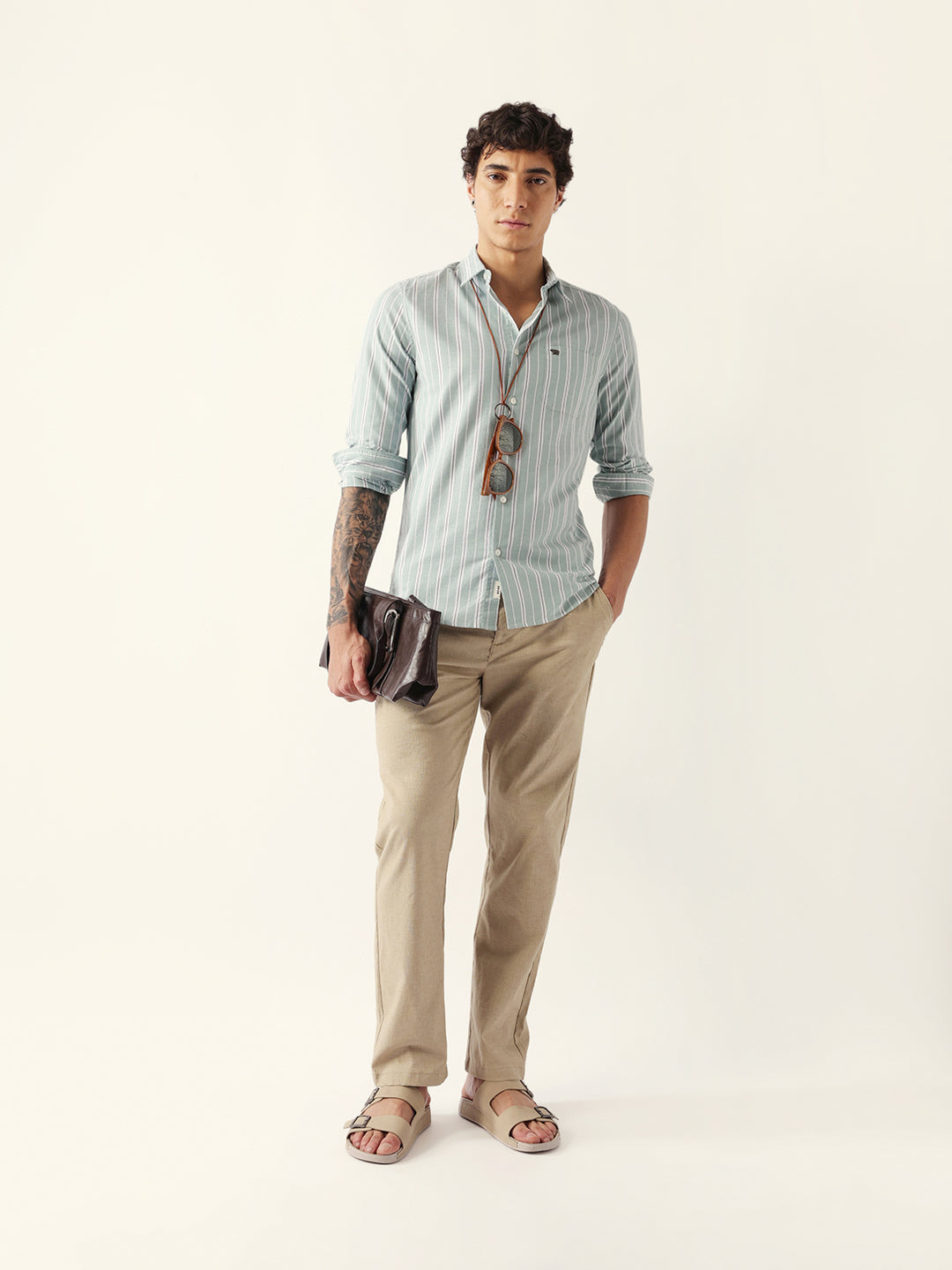 Light Green Vertical Pinstripe Slim Fit Casual Shirt