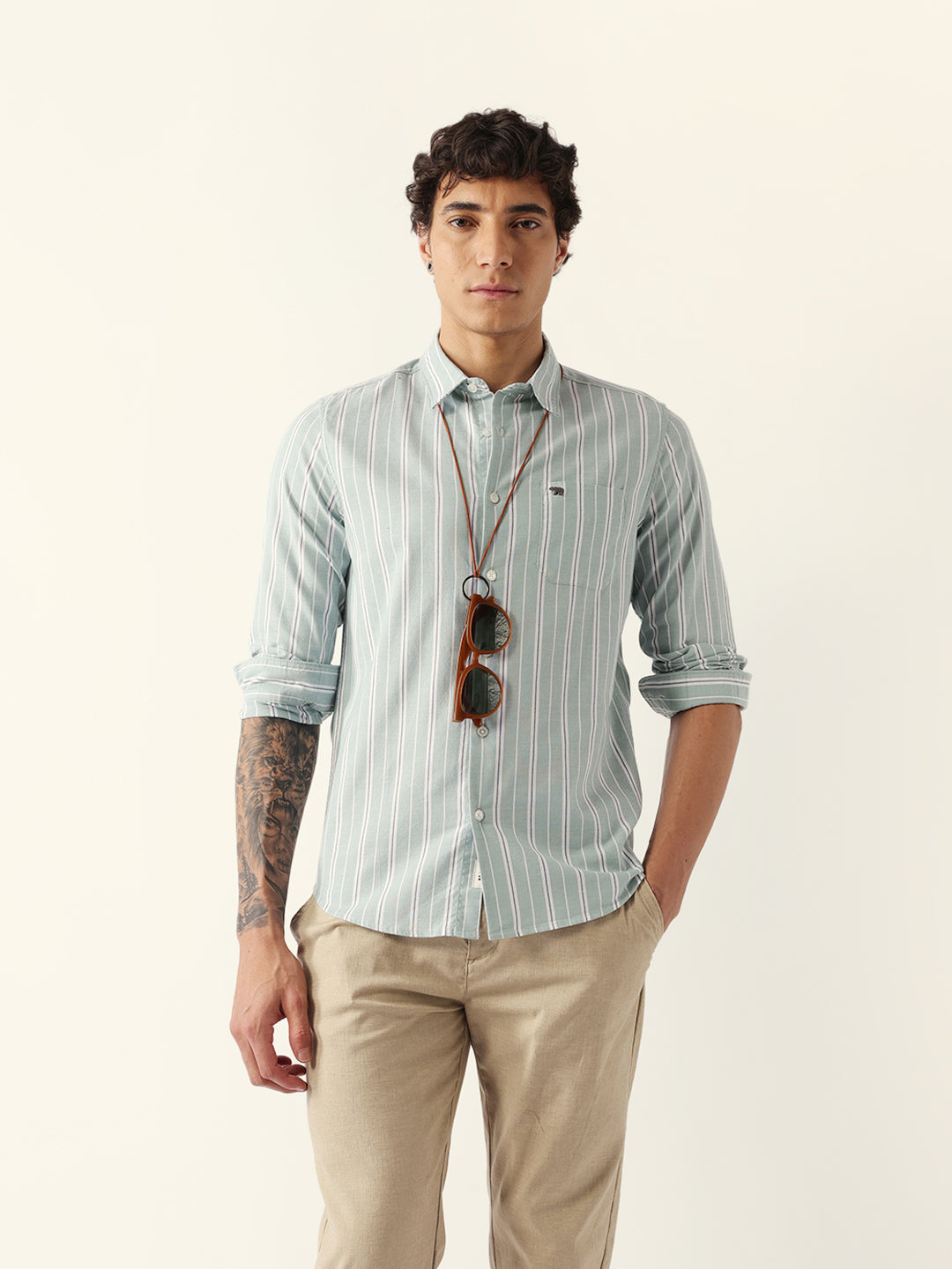 Light Green Vertical Pinstripe Slim Fit Casual Shirt