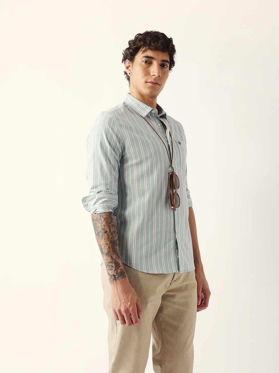 Light Green Vertical Pinstripe Slim Fit Casual Shirt