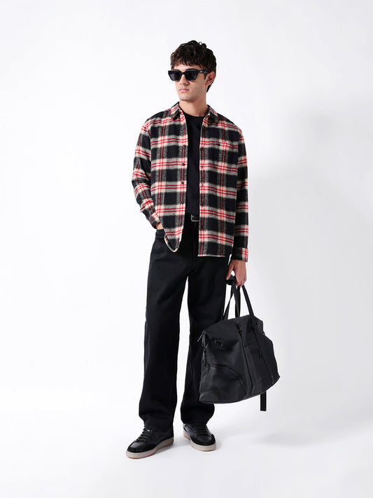 Black & Red Regular Fit Woven Check Flannel Casual Shirt