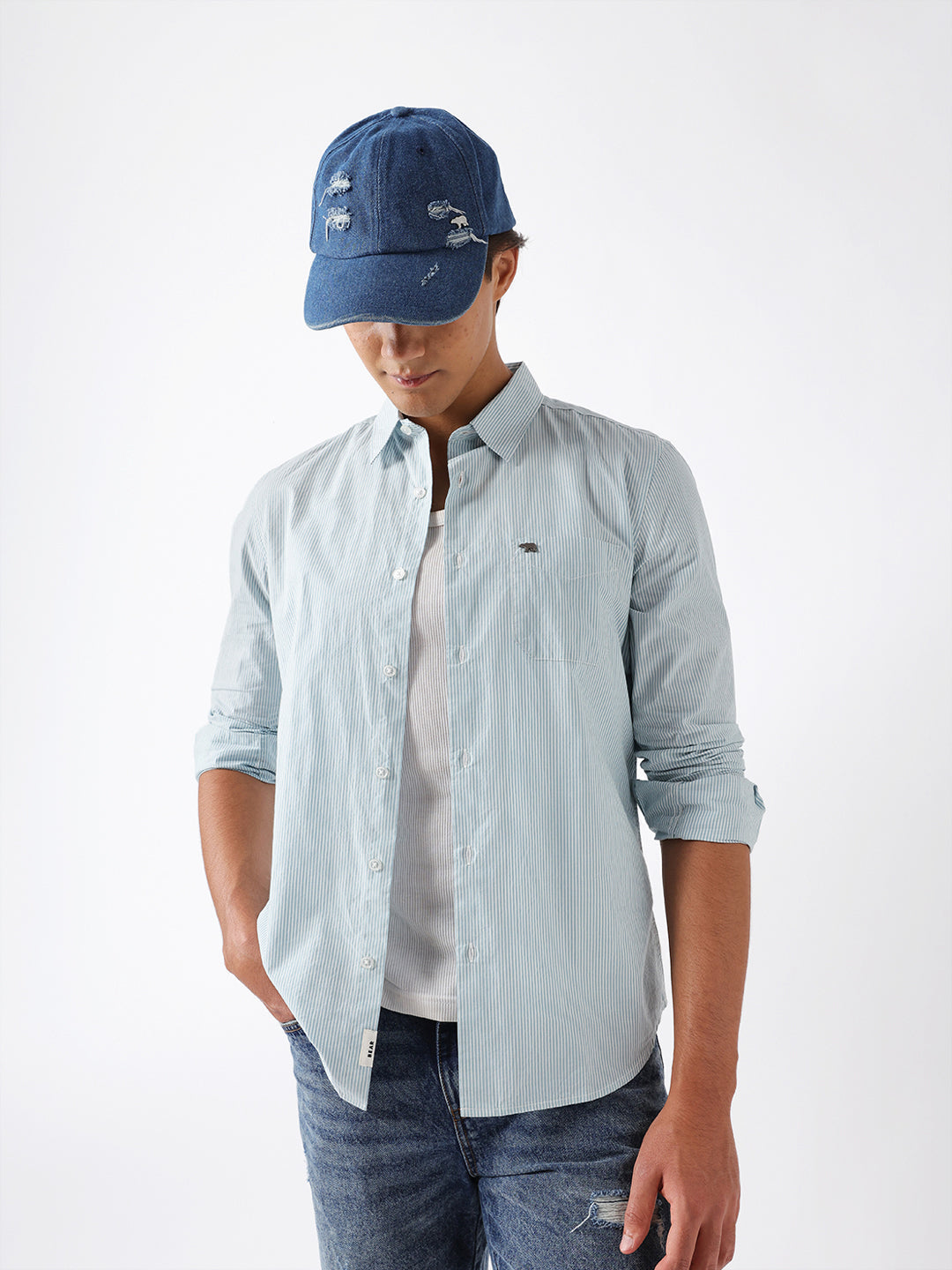 Blue Woven Vertical Pinstripe Slim Fit Casual Shirt