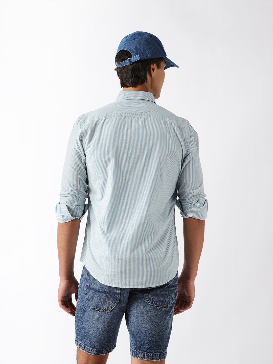 Blue Woven Vertical Pinstripe Slim Fit Casual Shirt