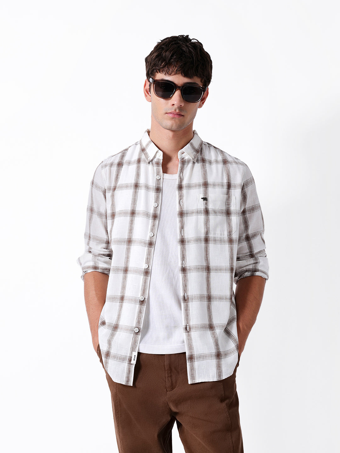 White & Brown Woven Checked Slim Fit Casual Shirt