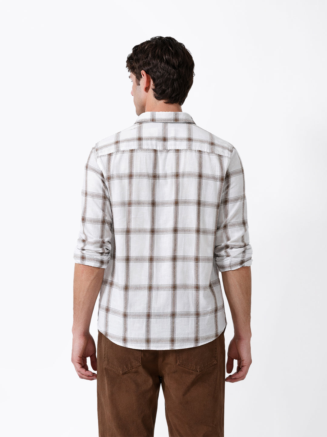 White & Brown Woven Checked Slim Fit Casual Shirt
